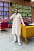 Kapşonlu Yandat Çıtçıtlı Sade Basic Uzun Tunik ve Pantolon İkili Spor Takım - 03071.027 - Ekru - 2