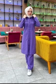 Kapşonlu Düğmeli Sade Basic Uzun Tunik ve Pantolon İkili Spor Takım - 03072.207 - Koyu Lila - 2