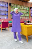 Kapşonlu Yandat Çıtçıtlı Sade Basic Uzun Tunik ve Pantolon İkili Spor Takım - 03071.207 - Koyu Lila - 6
