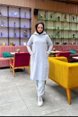 Kapşonlu Yandat Çıtçıtlı Sade Basic Uzun Tunik ve Pantolon İkili Spor Takım - 03071.008 - Gri - 1