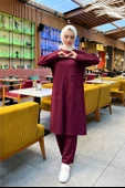 Önden İki Cepli Sade Basic Uzun Tunik Pantolon İkili Spor Takımı - 03067.009 - Bordo thumbnail 4