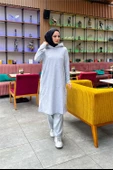 Kapşonlu Yandat Çıtçıtlı Sade Basic Uzun Tunik ve Pantolon İkili Spor Takım - 03071.008 - Gri - 3