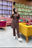 Kapşonlu Fermuarlı Belden Bağlamalı Sade Basic İkili Spor Takımı - 03070.028 - Kahverengi - 3