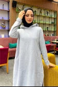Kapşonlu Yandat Çıtçıtlı Sade Basic Uzun Tunik ve Pantolon İkili Spor Takım - 03071.008 - Gri - 10