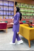 Kapşonlu Fermuarlı Belden Bağlamalı Sade Basic İkili Spor Takımı - 03070.207 - Koyu Lila thumbnail 6
