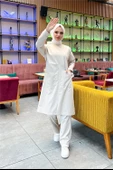 Önden İki Cepli Sade Basic Uzun Tunik Pantolon İkili Spor Takımı - 03067.027 - Ekru thumbnail 3