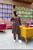 Önden İki Cepli Sade Basic Uzun Tunik Pantolon İkili Spor Takımı - 03067.028 - Kahverengi - 2