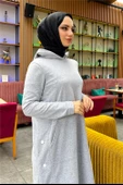 Kapşonlu Yandat Çıtçıtlı Sade Basic Uzun Tunik ve Pantolon İkili Spor Takım - 03071.008 - Gri - 11