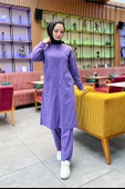 Önden İki Cepli Sade Basic Uzun Tunik Pantolon İkili Spor Takımı - 03067.207 - Koyu Lila - 2