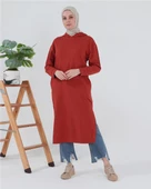 Atlas Kapşonlu Uzun Sade Basic Sweatshirt - 03007.030 - Kiremit - 11