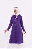Eflin Yakadan Bağlamalı Kapşonlu Uzun Sweatshirt - 03030.013 - Mor - 1