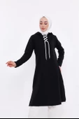 Eflin Yakadan Bağlamalı Kapşonlu Uzun Sweatshirt - 03030.003 - Siyah - 2
