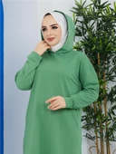 Atlas Kapşonlu Uzun Sade Basic Sweatshirt - 03007.103 - Fıstık Yeşili - 6