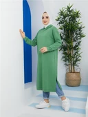 Atlas Kapşonlu Uzun Sade Basic Sweatshirt - 03007.103 - Fıstık Yeşili - 3