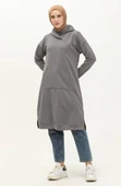 Aysima Yaka Detaylı Kapşonlu Sade Basic Sweatshirt - 03032.017 - Antrasit - 3