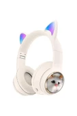 Kedi Tüylü Işıklı Kedili Mikrofonlu Bluetoothlu Kulaklık SD Aux Girişli KEDİ kulaklık Kablosuz - 1