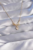 316L Çelik Zincir Gold Renk Zirkon Taşlı Yarım Fiyonk Kalp Kolye - TJ-BKO8789 - 1