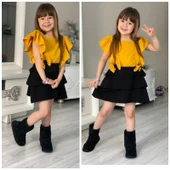 MODAVALS SCUBA AEROBIN KOL VE ETEKLERİ FIRFIRLI FİYONK DETAYLI KIZ ÇOCUK YAZLIK ELBİSE-SARI SİYAH - 2