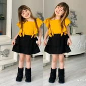 MODAVALS SCUBA AEROBIN KOL VE ETEKLERİ FIRFIRLI FİYONK DETAYLI KIZ ÇOCUK YAZLIK ELBİSE-SARI SİYAH - 3