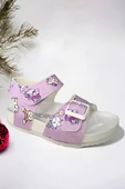 Lila Desenli Tokalı Kız Çoçuk Sandalet - 1