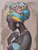 İnci Kolyeli Siyahi Kadin - Kanvas Tablo thumbnail 2