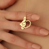 14 Ayar Mikron Kaplama Kişiye Özel İsimli Müzik Anahtarı Kalp Gümüş Kolye - CN00239 thumbnail 1