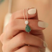 925 Ayar Gümüş Işıltılı Yeşil & Beyaz Taşlı Drop Kolye - CNS00165 thumbnail 5