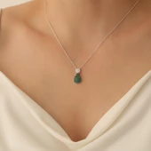 925 Ayar Gümüş Işıltılı Yeşil & Beyaz Taşlı Drop Kolye - CNS00165 thumbnail 3