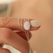 925 Ayar Gümüş Işıltılı Beyaz Taşlı Oval Kolye - CNS00162 thumbnail 5