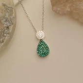 925 Ayar Gümüş Işıltılı Yeşil & Beyaz Taşlı Drop Kolye - CNS00165 thumbnail 2