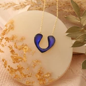 925 Ayar Gümüş Gece Mavisi Mineli Kalp Kolye - CNE00112 thumbnail 4