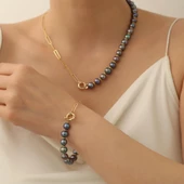 925 Ayar Gümüş Siyah Yarım Tavuskuşu İnci Yarım Zincir Set - 9.00 mm ST00103 - 1