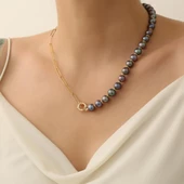 925 Ayar Gümüş Siyah Yarım Tavuskuşu İnci Yarım Zincir Set - 9.00 mm ST00103 - 3