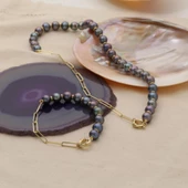 925 Ayar Gümüş Siyah Yarım Tavuskuşu İnci Yarım Zincir Set - 9.00 mm ST00103 - 2