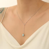 925 Ayar Gümüş Gerçek Doğal Mavi Tatlısu İncisi Kolye Çap:8mm - CNP00120 thumbnail 2