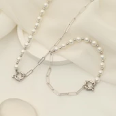 925 Ayar Gümüş Gerçek ve Doğal Kültür İnci Yarı Zincir Kolye Çap:7mm CNP00135 - 2