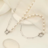 925 Ayar Gümüş Gerçek ve Doğal Tatlısu İnci Yarı Zincir Kolye Çap:7mm - CNP00132 thumbnail 1