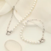 925 Ayar Gümüş Gerçek Kültür İnci ve Yarı Zincirli Kolye Çap:5mm - CNP00148 thumbnail 2