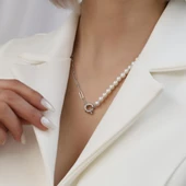 925 Ayar Gümüş Gerçek Kültür İnci ve Yarı Zincirli Kolye Çap:5mm - CNP00148 thumbnail 1