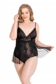 Shopidik  Büyük Beden Siyah Bodysuit Jakarlı Gecelik - 1