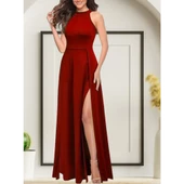 Kadınhalter Yaka Derin Yırtmaç Detaylı Tam Boy Ithal Krep Abiye Elbise thumbnail 3