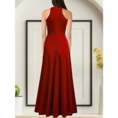 Kadınhalter Yaka Derin Yırtmaç Detaylı Tam Boy Ithal Krep Abiye Elbise thumbnail 1