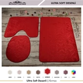 Bonny Home Ultrasoft Desenli 3lü Kırmızı Klozet Takımı Banyo Halısı Paspası Seti - 3