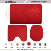 Bonny Home Ultrasoft Desenli 3lü Kırmızı Klozet Takımı Banyo Halısı Paspası Seti - 7