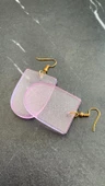 Transparan Lila Eflatun Renkli Gold Aksesuarlı Oval Çerçeve Şekil Epoksi Küpe El Yapımı Hediyelik thumbnail 2