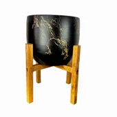 Bitki Tasarımı Siyah Üzeri Gold Mermer Efektli Toprak Saksı Saksılık Salon Çiçeklik 4 Ayaklı - 19 CM - 1