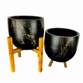 Bitki Tasarımı Siyah Üzeri Gold Mermer Efektli Toprak Saksı Saksılık Salon Çiçeklik İkili Set 3 Ayaklı- 4 Ayaklı- 19 CM thumbnail 3