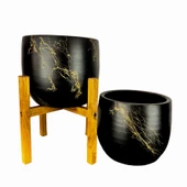 Bitki Tasarımı Siyah Üzeri Gold Mermer Efektli Toprak Saksı Saksılık Salon Çiçeklik İkili Set Ayaksız - 4 Ayaklı- 19 CM thumbnail 3