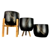 Bitki Tasarımı Ev Dekorasyon Aksesuar Siyah Üzeri Gold Mermer Efektli Toprak Saksı Saksılık Salon Çiçeklik Üçlü Set- 19 CM - 1