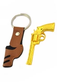 45 Lik Toplu Kovboy Tabancası Taba Kılıflı Anahtarlık - Gold Görünümlü - 4